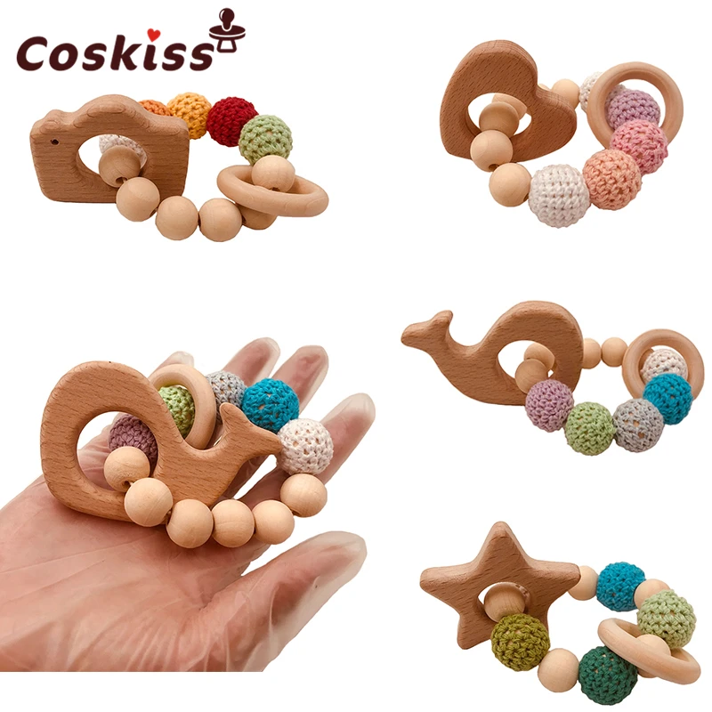 

Baby Care Bracelets Wooden Teether Crochet Chew Beads Teething Wooden Rattles Toy Teether Montessori Bracelets