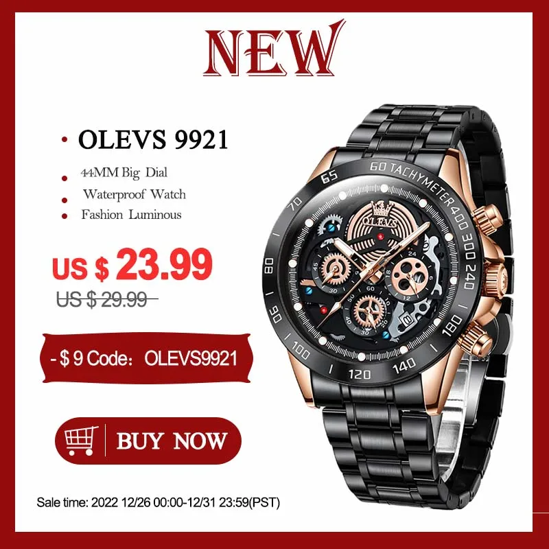 

OLEVS Watches for Men Top Brand 44mm Big Dial Quartz Watch Mens Stainless Steel Sports Waterproof Luminous Chronograph Watch