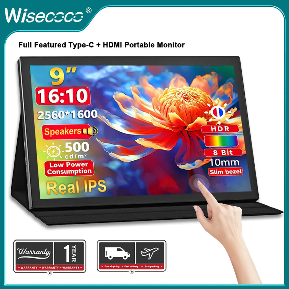 Портативный монитор Wisecoco, 9 дюймов, QHD 1600P, портативный монитор для ноутбука IPS, внешний экран для ПК, MAC, XBOX Switch