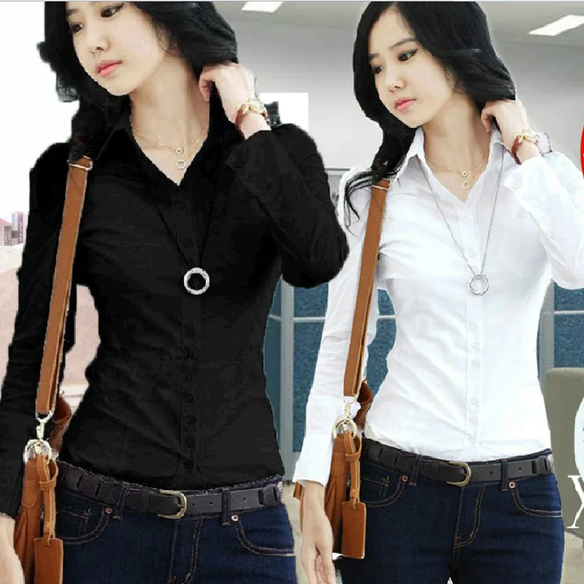 New Office Wear Work Clothes Shirt Women 2022 Spring Autumn Long-Sleeve Korean Style Slim  Black White Women Blouses