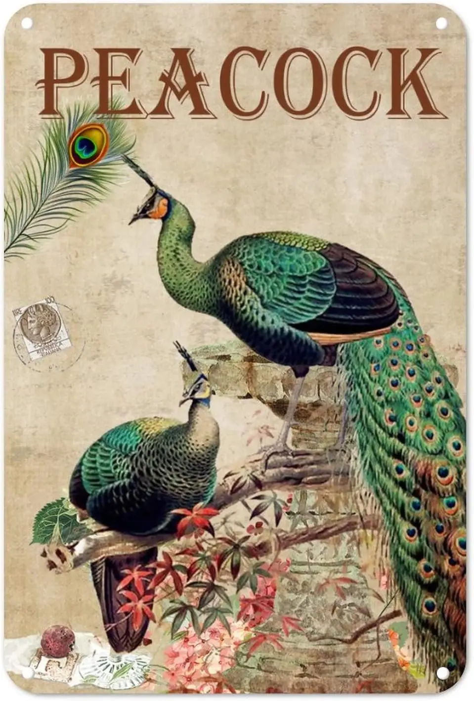 rtstc Pecock Tn Sgn Flower Green Leves Metl 128n Wetherproof Wndproof Новинка Wll Decorn для Br Cfe Sre Home Grge