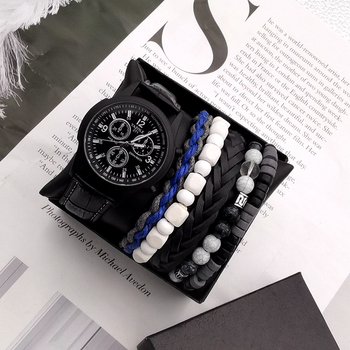 6Pcs/Set Men Watch Gift Box Fashion Men's Quartz Watches Waterproof for Leather Strap Male Vintage Braided Multi-layer Bracelets-36630