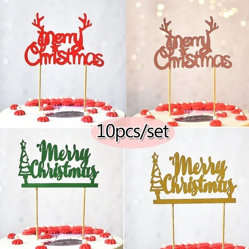 

10pcs/lot Gold Red Merry Christmas Party Cake Toppers Decoration for Xmas Decoration Supplies2022