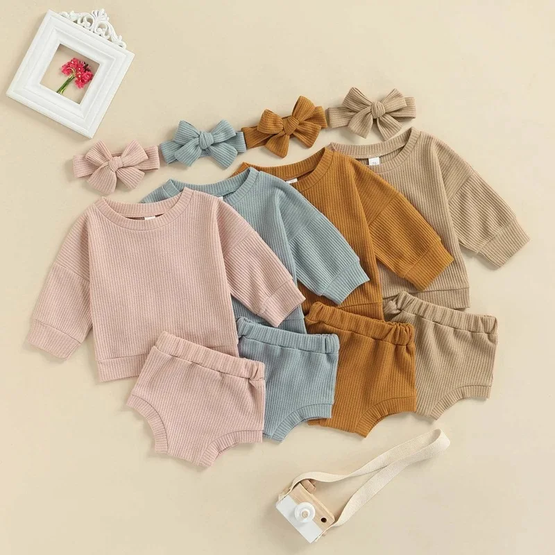 

3pcs Full Sleeve Waffles Newborn Infant Sweater + Shorts + Headband Set Outifts