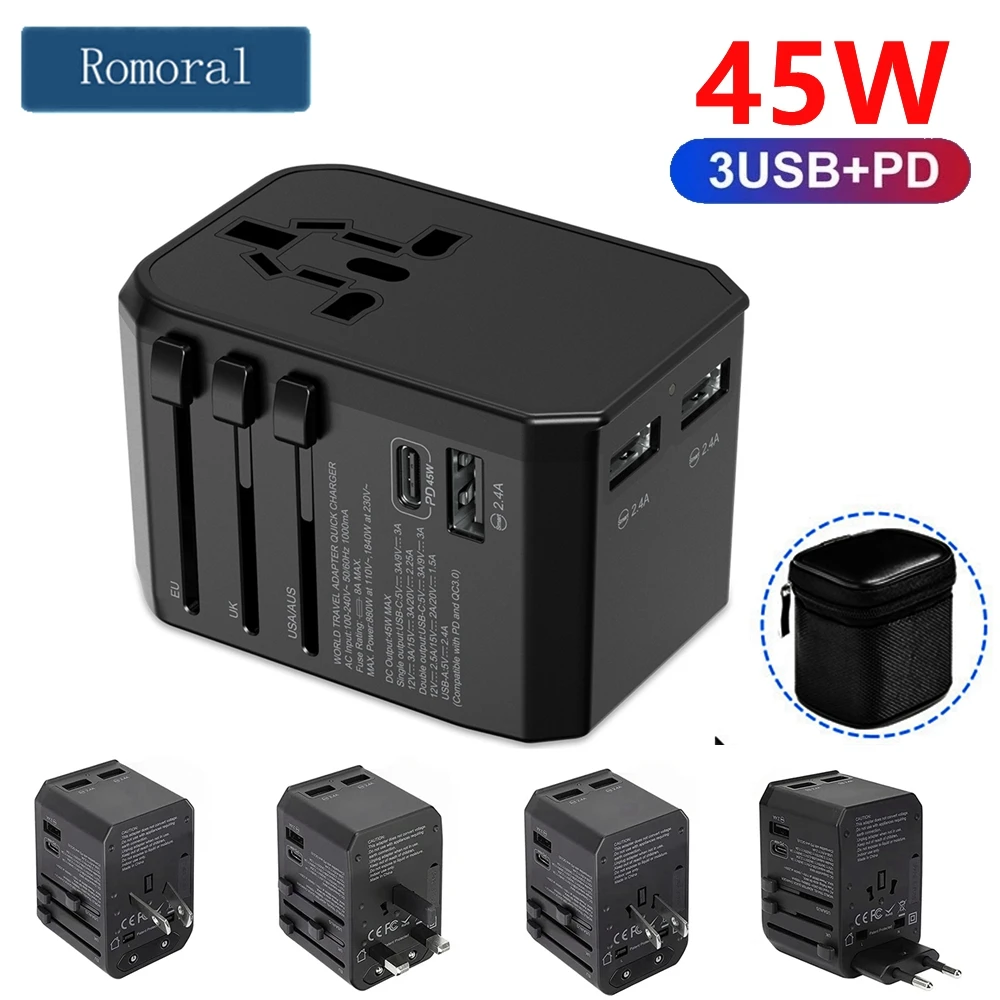 

Universal Travel Adapter 2000W Worldwide Conversion Power Charger With USB Port for Phone QC3.0/PD 45W Fast Charging EU/UK/AU/US