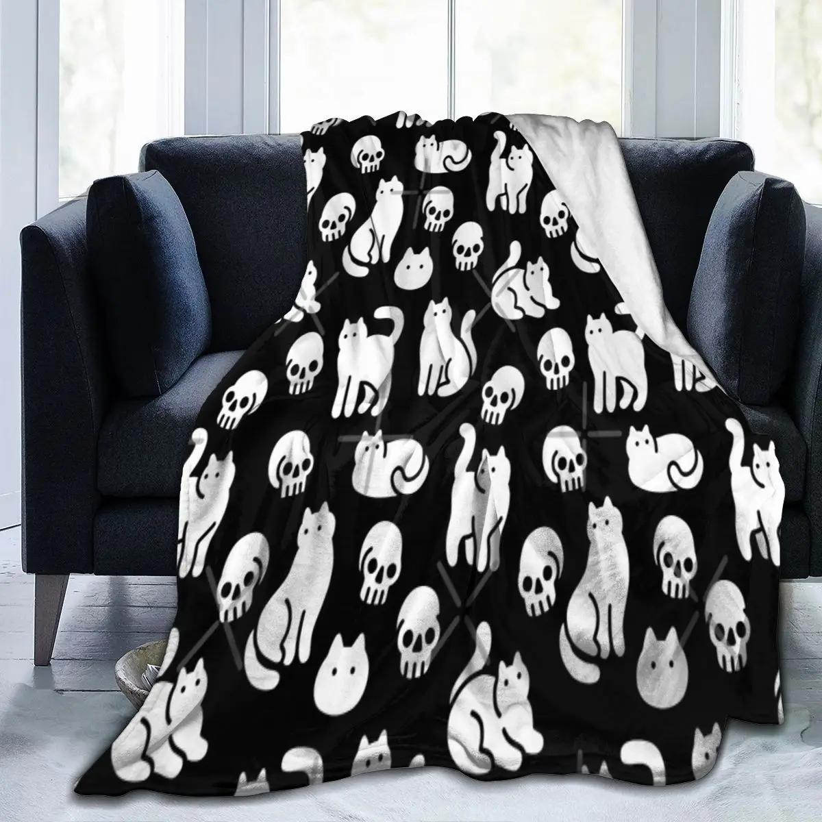 

Одеяло с рисунком кошек и черепов, одеяло для лица, модный диван, подарок на день рождения, настраиваемое