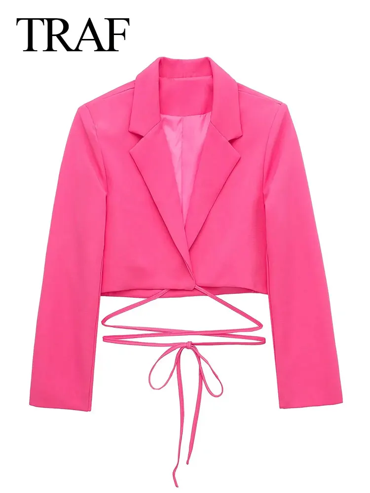 

TRAF Youth Solid Color Bright Suit Collar Women's Top Clothes High Street Fashion Short Buttonless Waist Lace-Up Suit Top