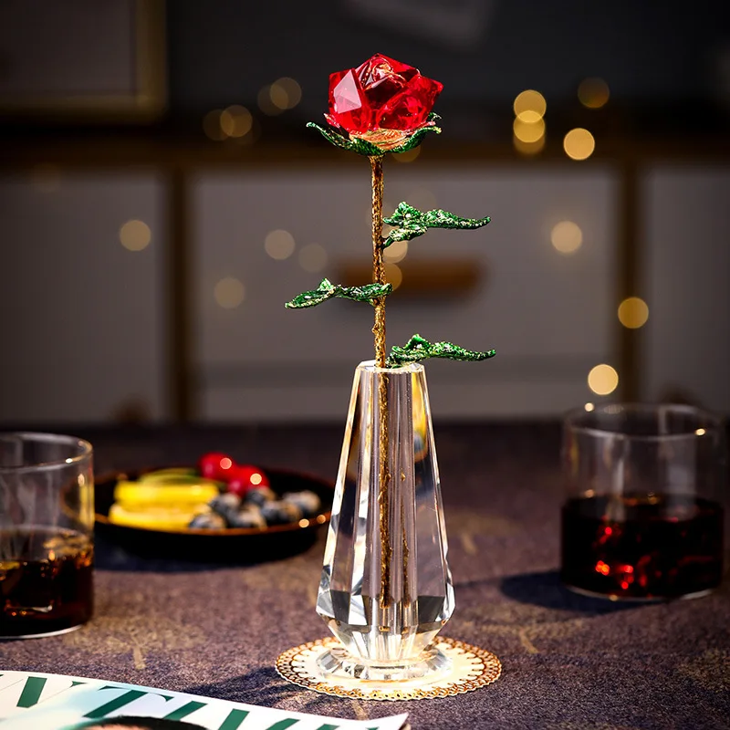 

Transparent crystal rose ornament romantic red rose crystal handicraft vase