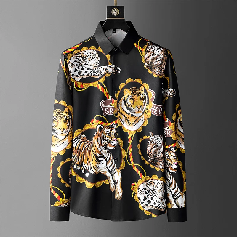 

Luxury Tiger Print Men's Shirts Long Sleeve Slim Casual Shirt Vintage Business Formal Dress Social Party Tuxedo Blouse