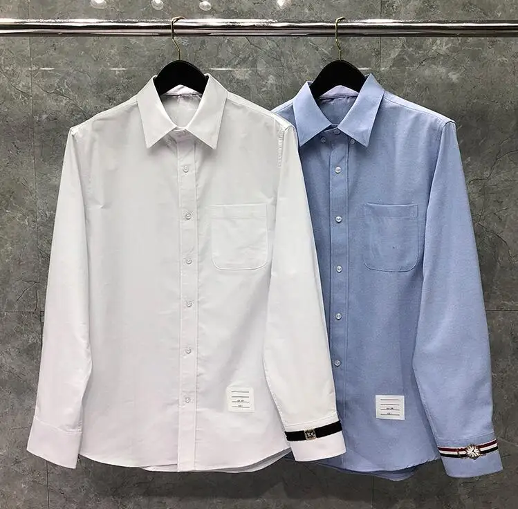 TB Men's New Shirts Men Slim White Long Sleeve Casual Shirt Cuff Watch Pattern Oxford Fabric Solid Men's Clothes Office Dress