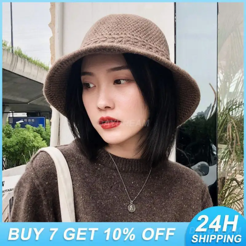 

Korean VersionKnitted Bucket Hats Fisherman Retro Wool Female Autumn Winter Warm Woolen All-match Japanese Basin Hat