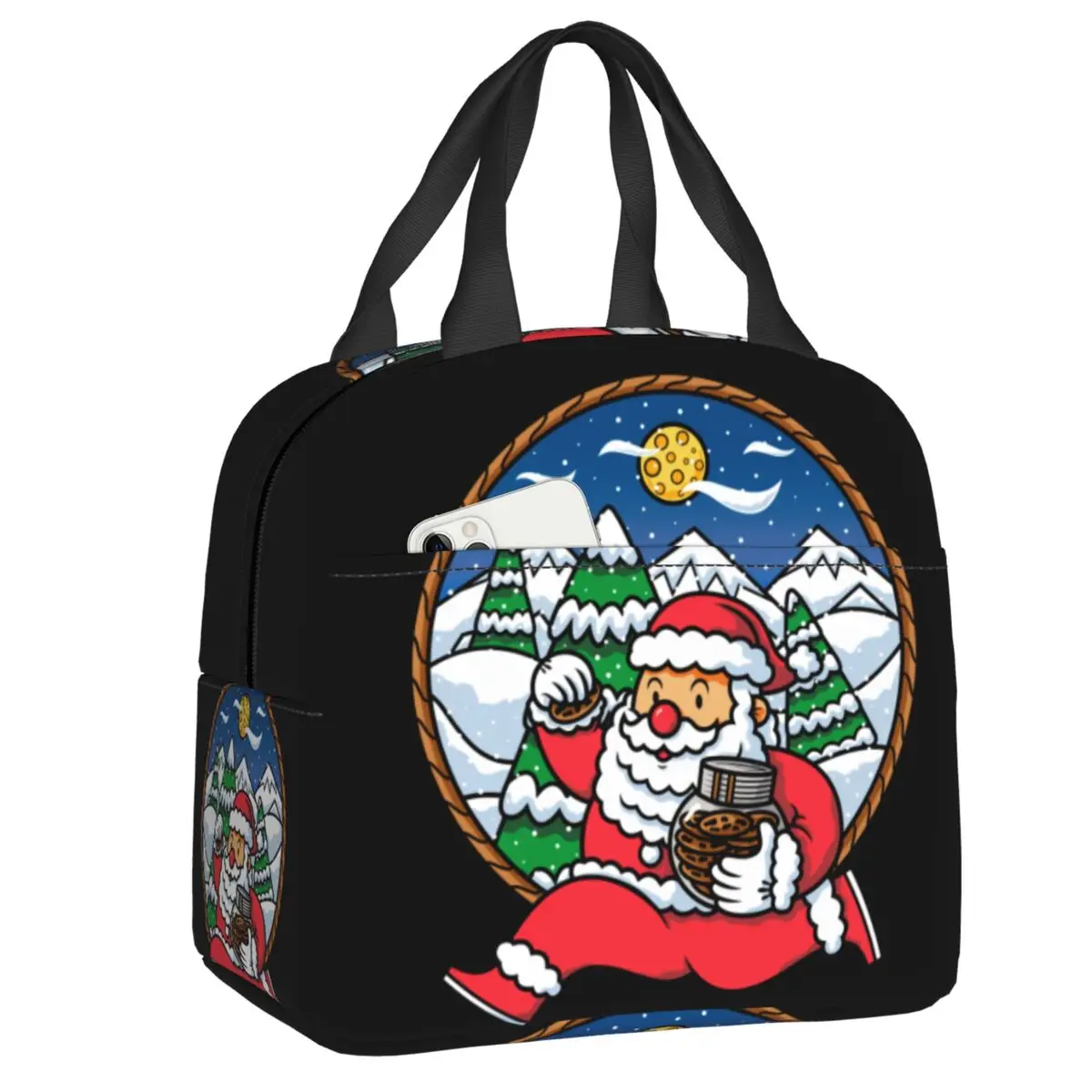 

Santa Claus Run Insulated Lunch Tote Bag for Women Christmas Resuable Cooler Thermal Bento Box Kids School Children