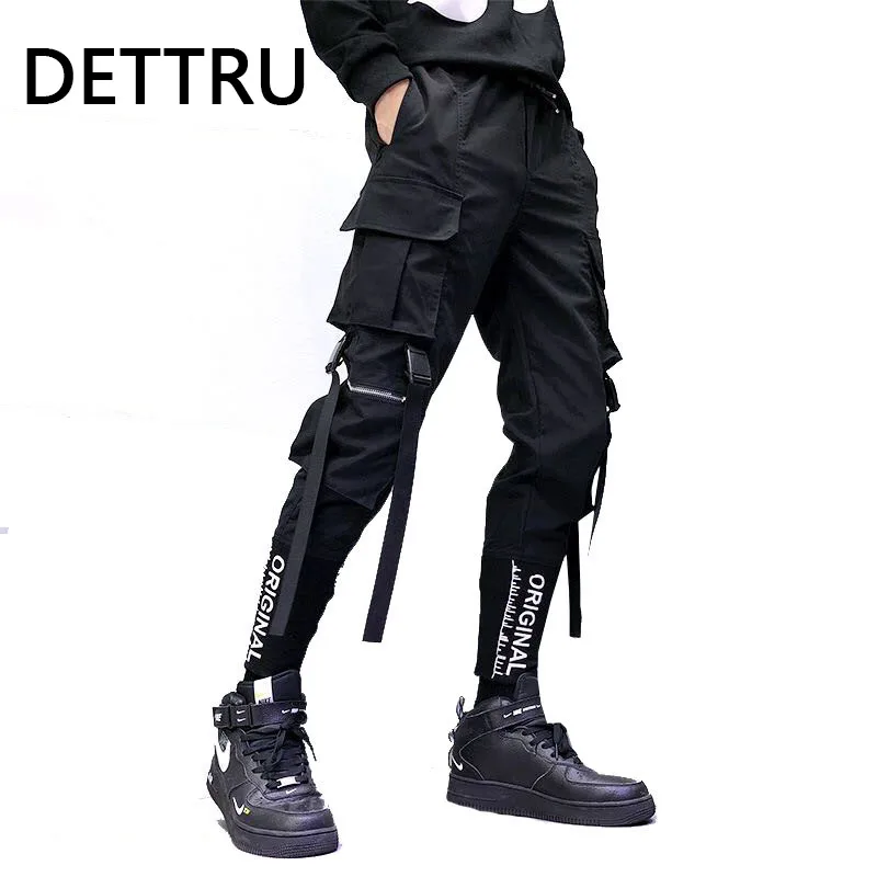 

2022 New Hip Hop Men Ribbons Cargo Pants Fashion Harajuku Elastic Waist Casual Streetwear Mens Joggers Trousers Black
