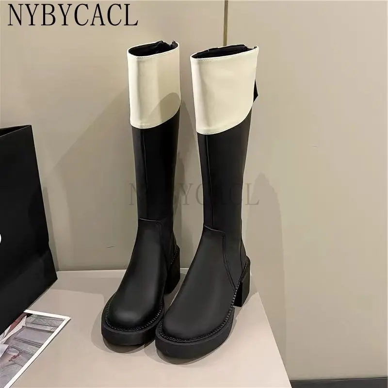 Fall Winter Women's Long Boots Leather Zip Shoes For Women Square Heel Female Fashion Platform High Heeled Botas Mujer New 2023