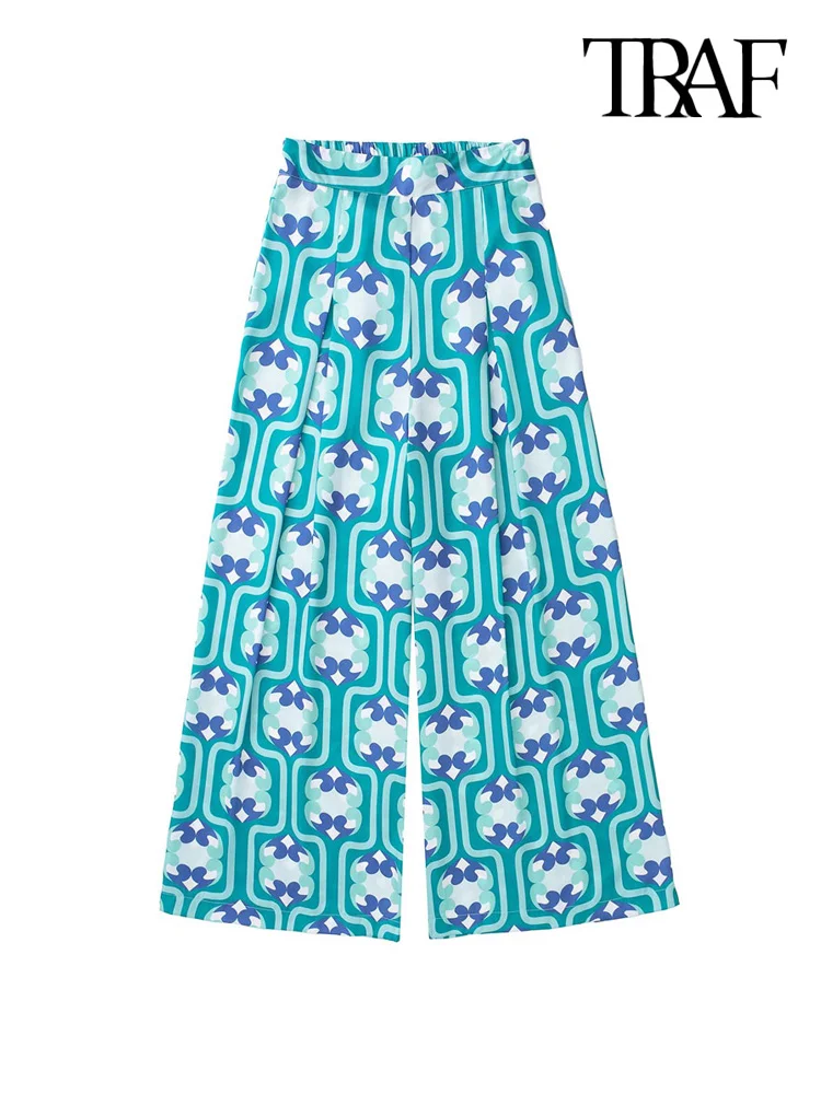 

TRAF Women Fashion Printed Wide Leg Pants Vintage High Elastic Waist Side Zipper Female Trousers Mujer