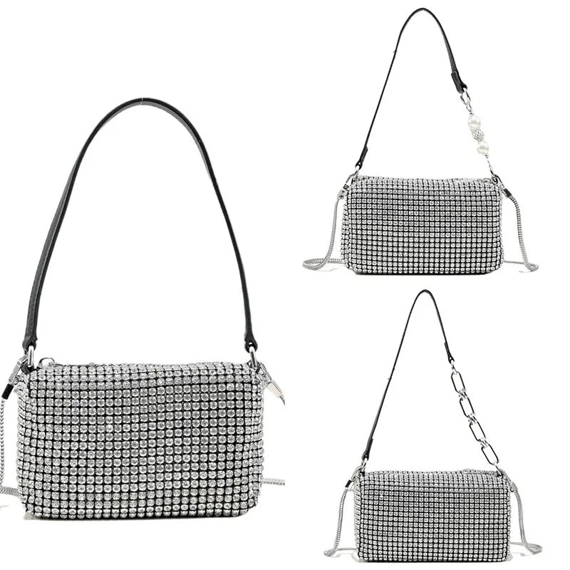 Diamonds Microfiber Synthetic Leather Shoulder Bags For Women Fashion Trend Mini Versatile Crossbody Bags Zipper Chain Purse