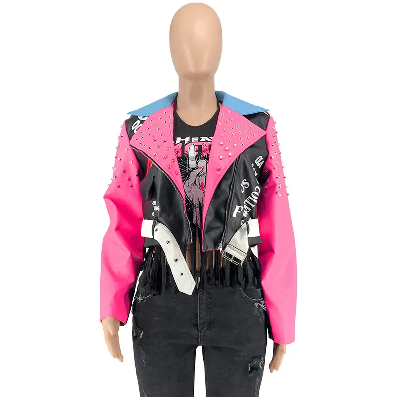 Women's cool leather jacket Europe and the United States new style rivet lip print lapel contrast color zipper PU fashion jacket