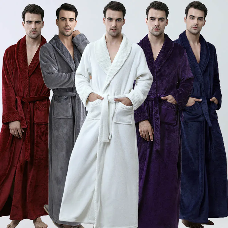 

Men's Winter Warm Velvet V-neck Bathrobe Long Thickened Pajamas Coral Velvet Solid Color Long-sleeved Pajamas Hotel Bathrobe