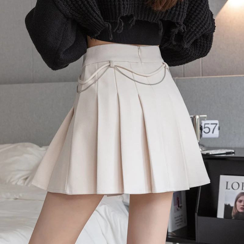 Женская шерстяная плиссированная юбка бежевая черная серая мини-юбка с высокой