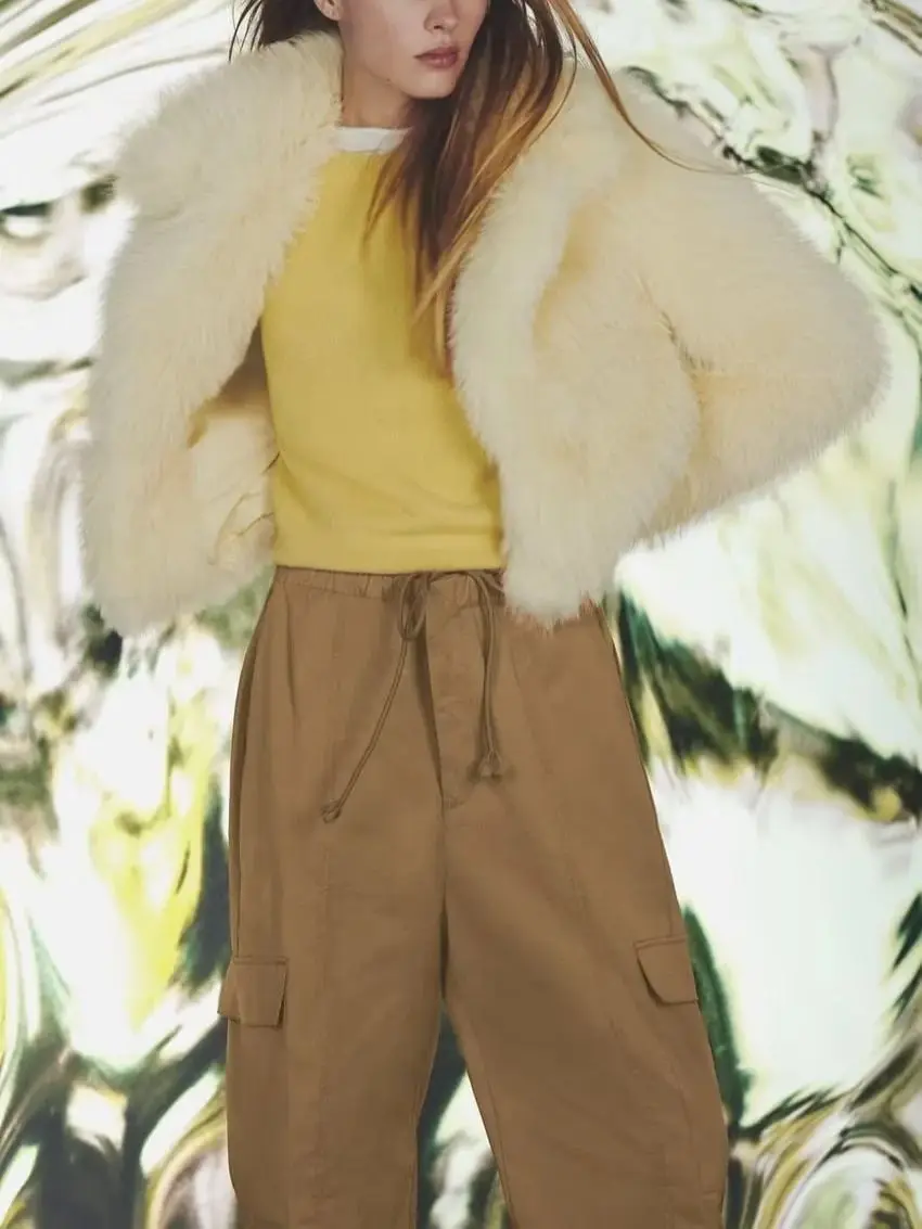 Spring And Autumn Women's Beige Lapel Faux Fur Long Sleeve Single-Breasted Design Jacket Fashion Warm