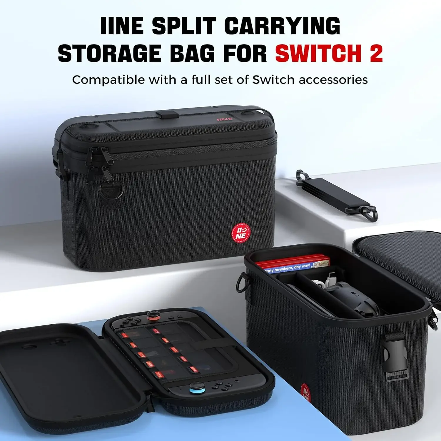 Фото IINE сумка для хранения для Switch 2, разделенный жесткий чехол, дорожный чехол с большой вместительностью, съемный многослойный ремешок, игровые аксессуары №1