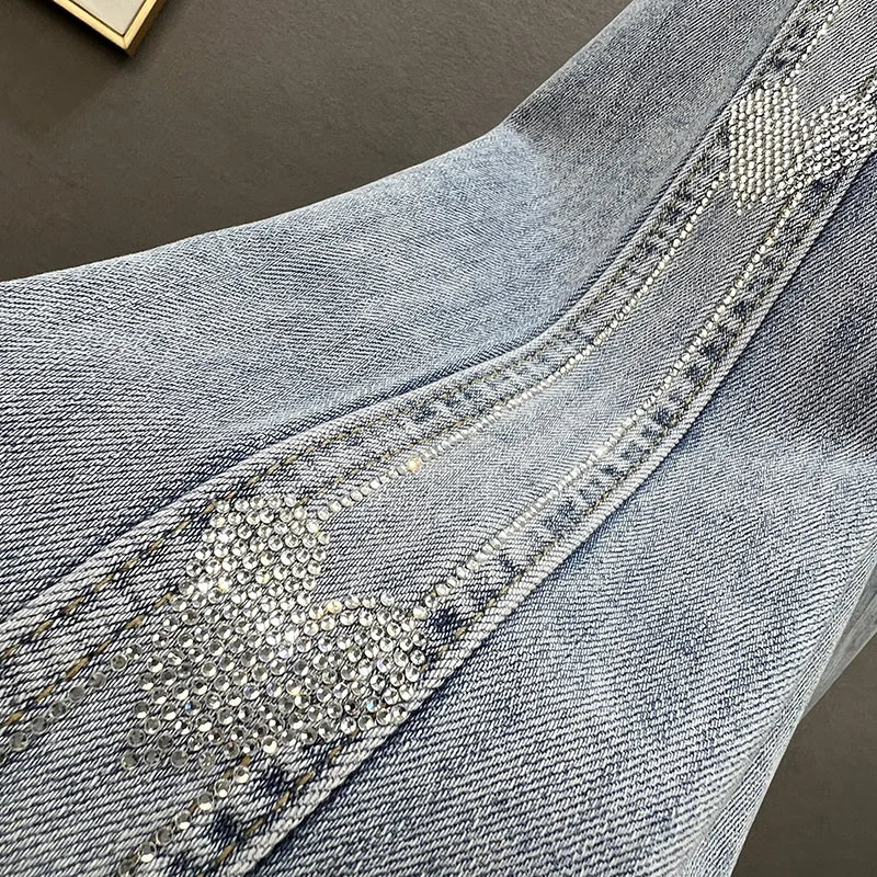 Women's Wide-Leg Jeans 2022 New Spring High Waist Loose Hot Rhinestone Mop Pants Office Lady Denim Trousers Girls Jean Pants