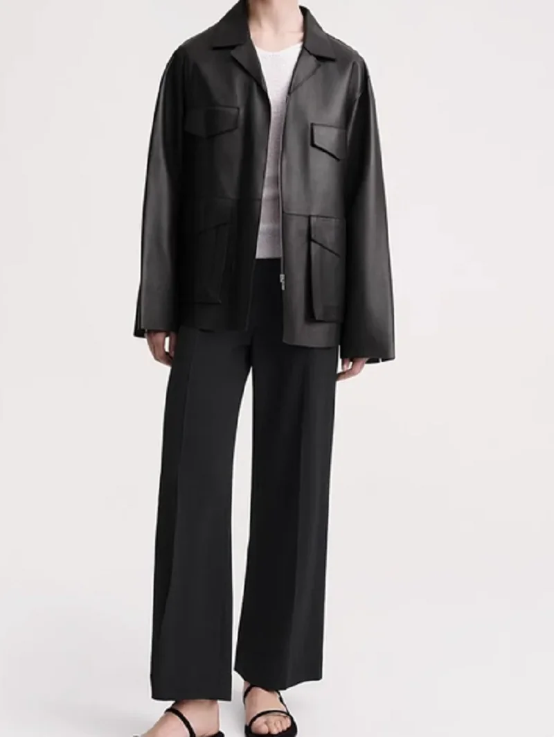 

Women Coat Genuine Leather Pockets Casual Short Jacket