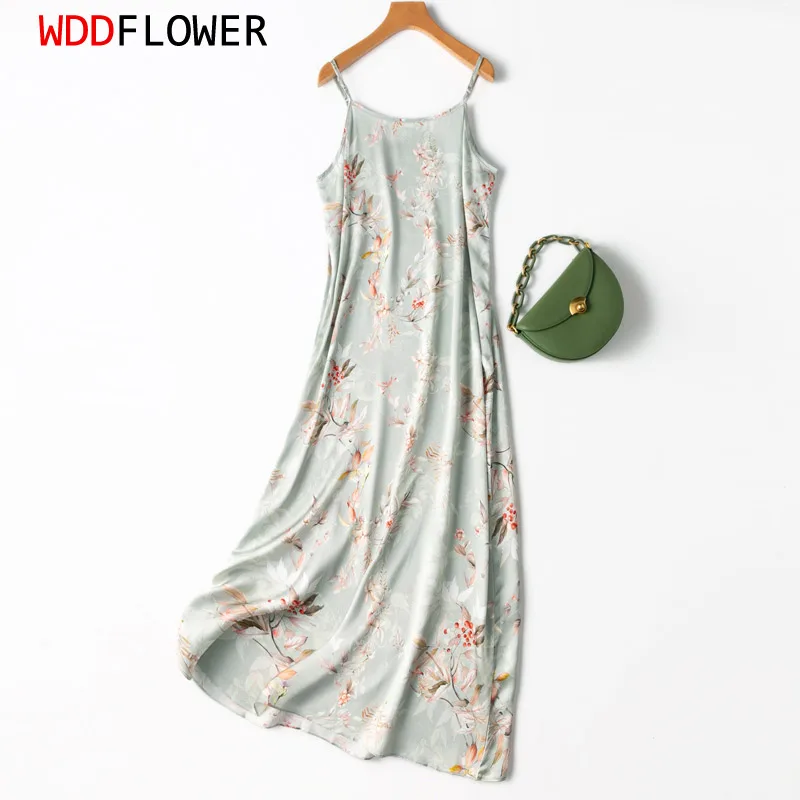 

Women 100% Mulberry Silk Grey Green Flower Printed Midi Dress Chemise Full Slip Summer Beach Long Dress MM547