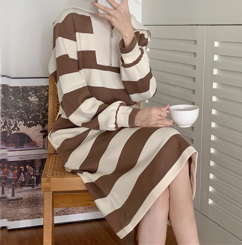 

harajuku Casual oversized Hoodies Dresses Women korean stripe sailor collar Long Sleeve Sweatshirt Dress y2k Streetwear vestidos