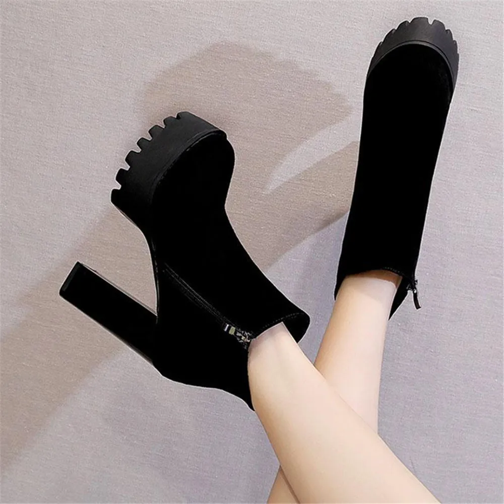 

Autumn Winter New Short Boots Women's Black High Heels Waterproof Platform Fashion Boots Ladies Flock Side Zip Thick Heels Shoes