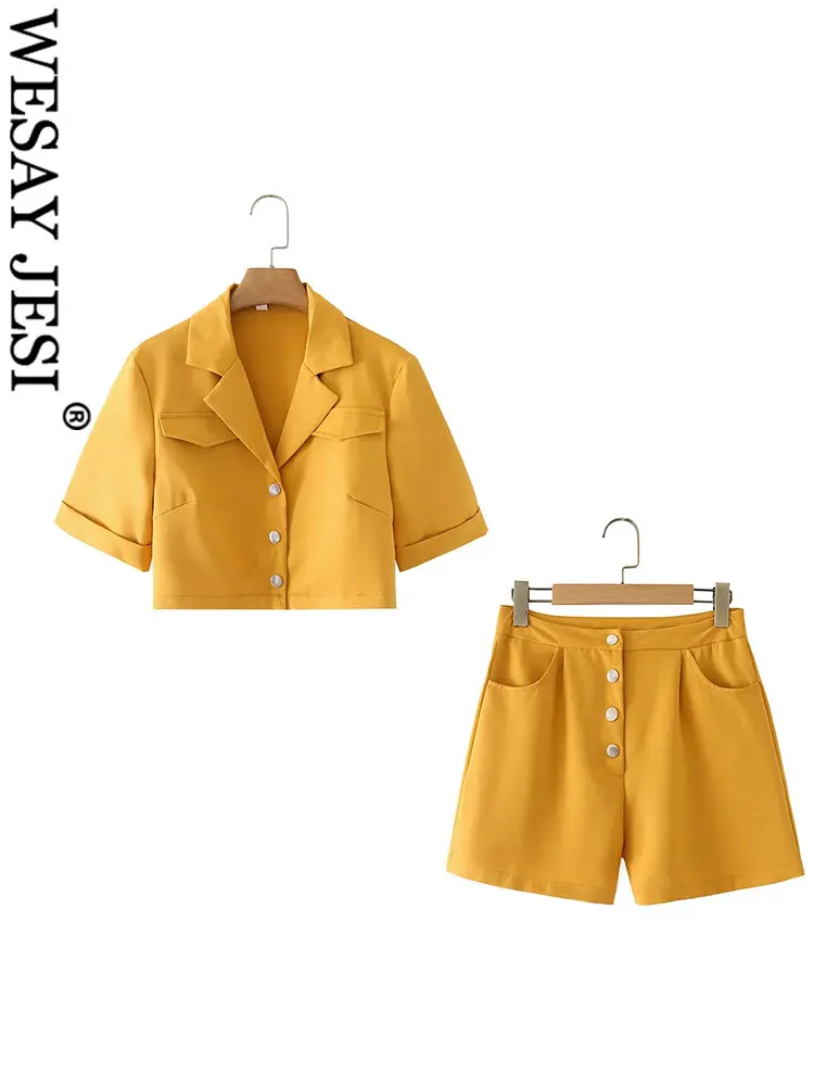

WESAY JESI Solid Color Single Breasted Short Sleeve Shorts Women's Clothing Two Piece Casual Fashion Two Tone Blazer Suit Summer