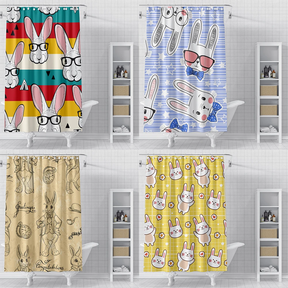 

Lovely Rabbit Pattern Shower Curtain Polyester Fabric Waterproof Bath Curtain Shading Creative Simple Shower Curtain With Hooks