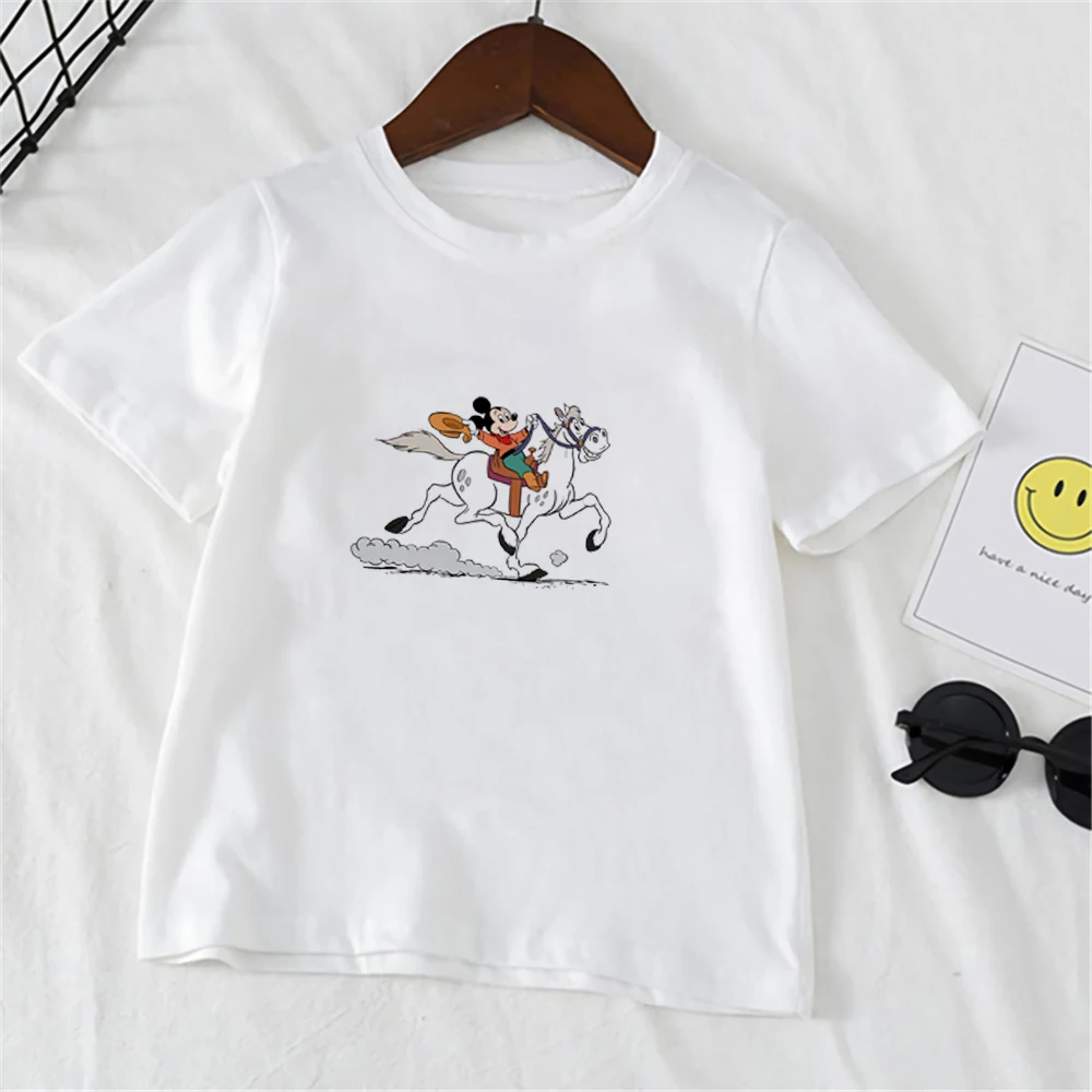 

Летние детские футболки с рисунком Микки Мауса из мультфильма, белая детская базовая одежда, Милая футболка с коротким рукавом, Повседневна...