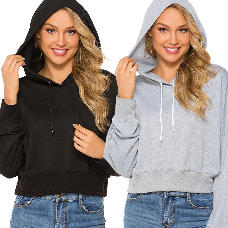 

New Women Plain Hoodies Crop Top Solid Color Long Sleeve Ladies Hooded Pullover Summer Autumn Fashion Girl Sweatshirts Clothing