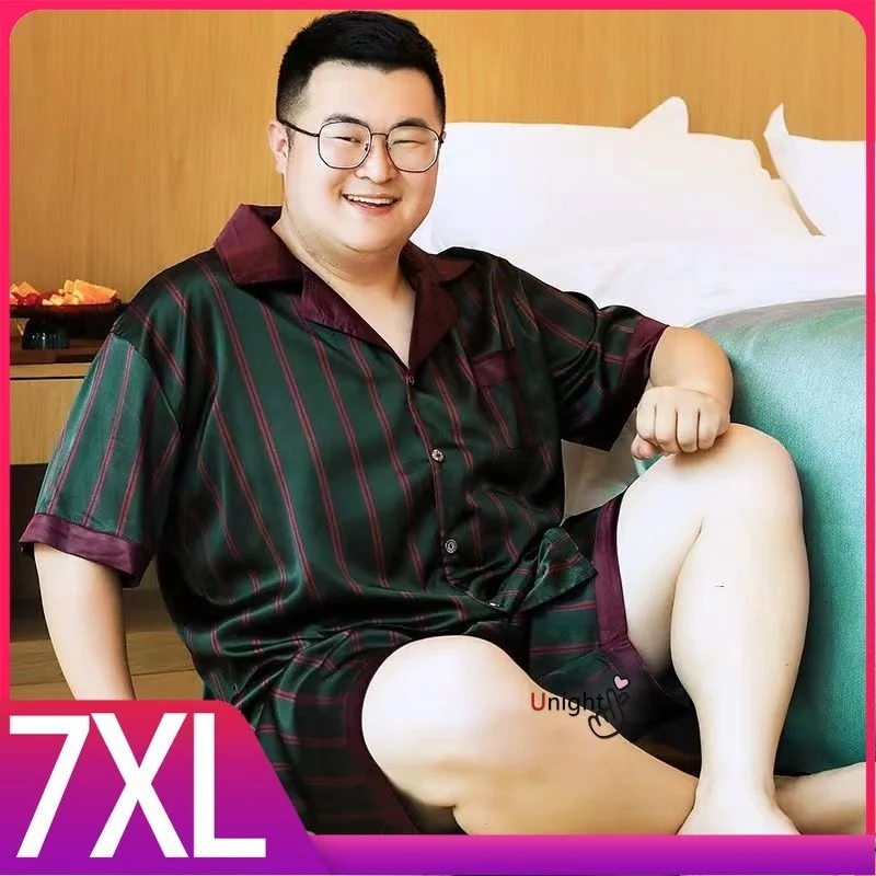 

Men Sort Set Satin Silk Lare Size Pyjamas Summer Sleepwear ome Clotes Stripe Sleep Tops Bi Size 4XL Plaid Pijama ombre