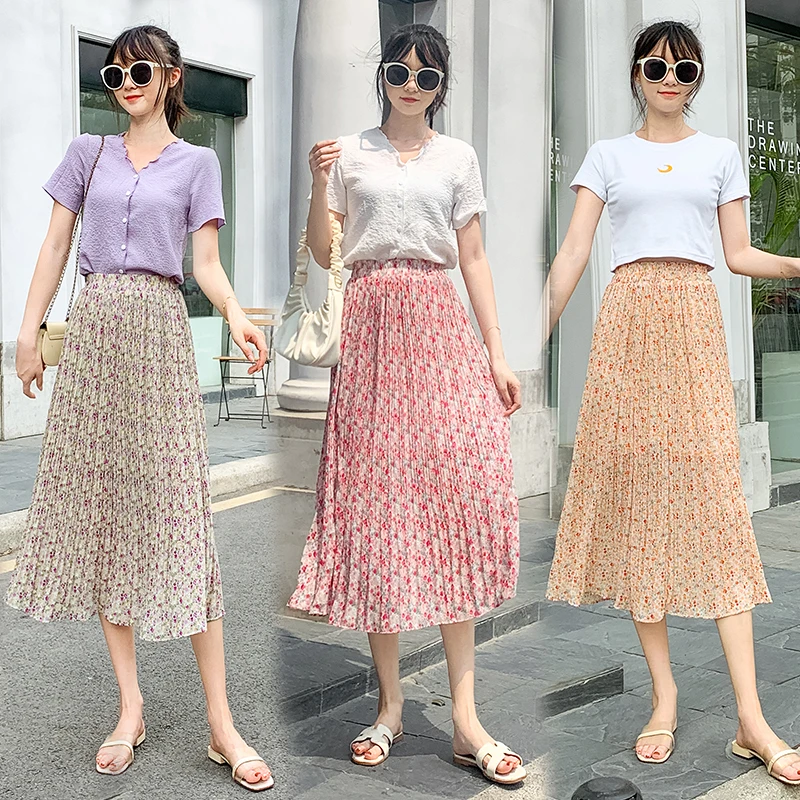 Cheap wholesale 2021 spring summer autumn new fashion casual sexy  woman skirts womens Floral Chiffon Skirt female OL long skirt