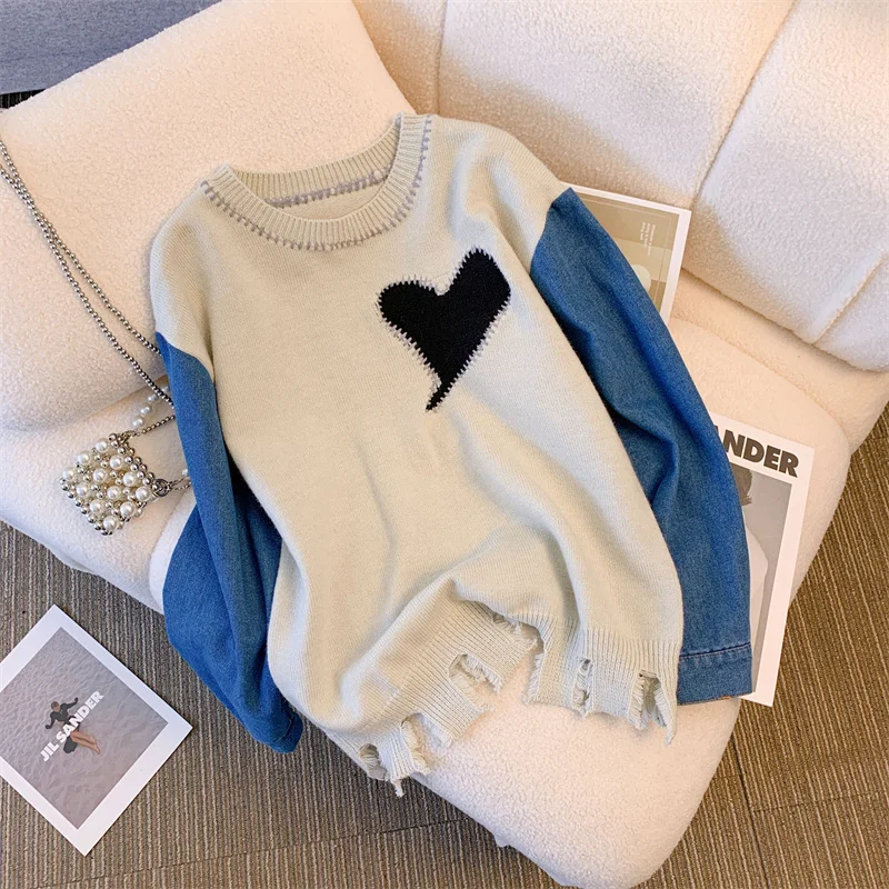 

Denim Long-sleeved Stitching Knitted Sweater Women's Autumn And Winter New Design Chic Loose Love Knit Pullover Tops Female