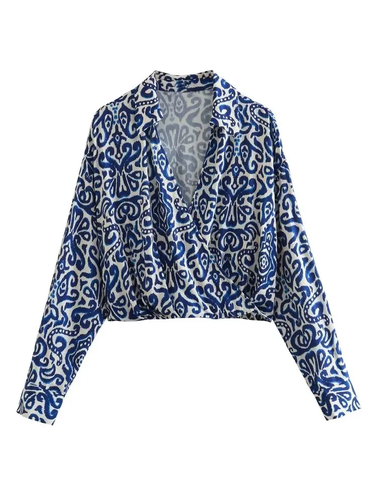 

MESTTRAF Women 2023 Fashion Y2K Printed Cropped Shirts Vintage V Neck Long Sleeve Female Blouses Blusas Chic Tops