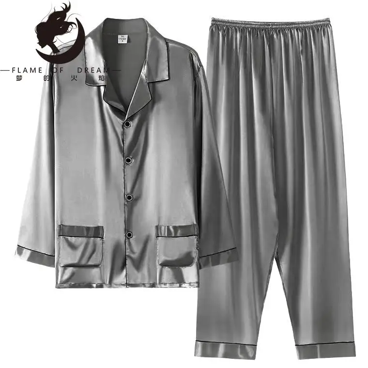 Flame Of Dream Men's Pajamas Spring And Summer Ice Silk Long Sleeve Home Clothes Thin Satin Silk Plus Size Loose Suit 221710