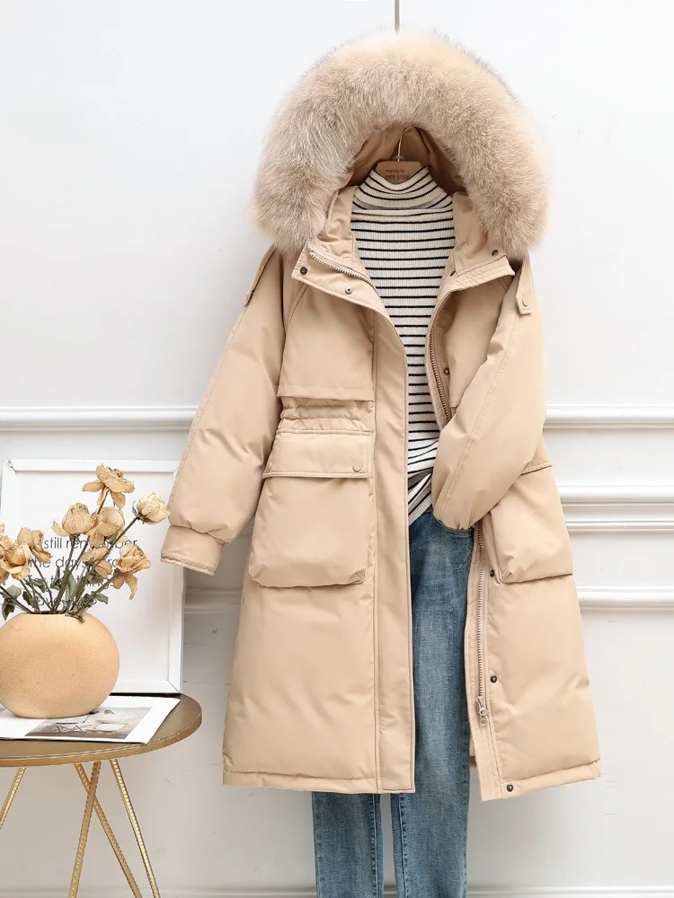 New Women Fox fur collar Long Down Jacket Casual Style  Autumn Winter Coats And Parkas Female Outwear