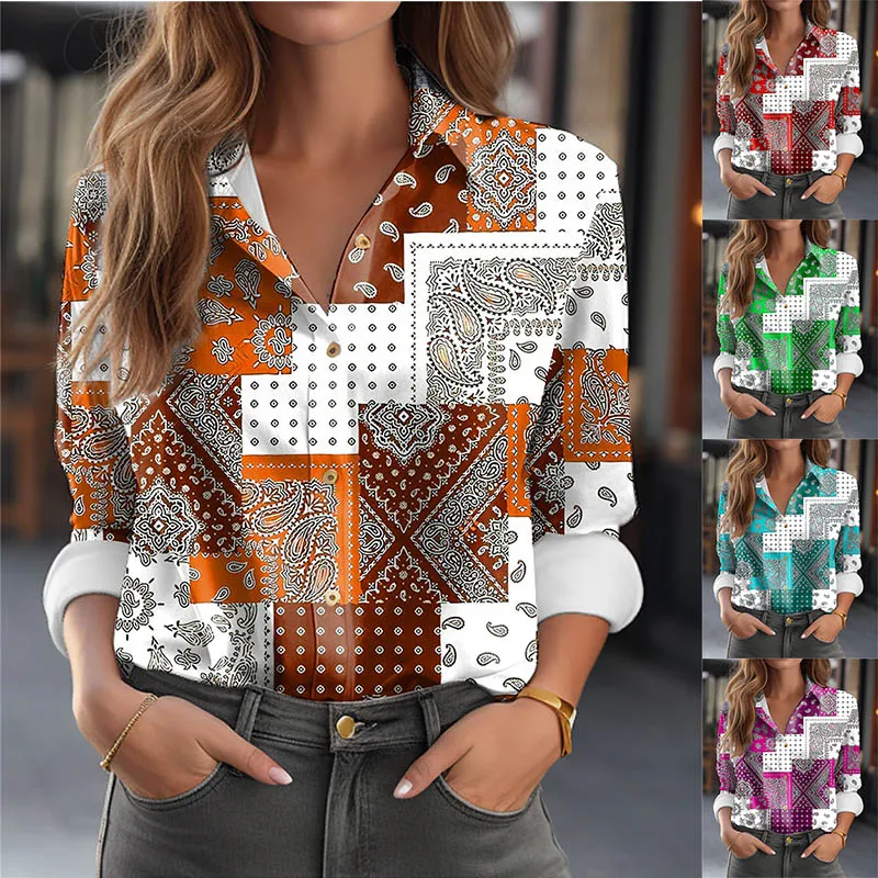 

Women's 2023 Casual Shirt Blouse Button Print Long Sleeve Casual Basic Shirt Collar Shirts