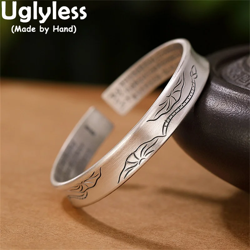 

Uglyless Genuine 999 Pure Silver 10MM Wide Bangles Women Thai Silver Lotus Peony Flowers Bangles Heart Sutra Buddhism Jewelry