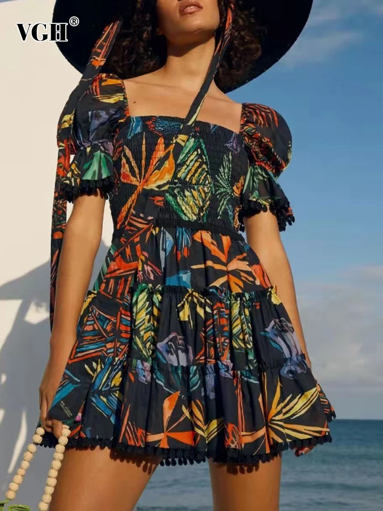 

VGH Casual Print Dress For Women Square Collar Short Puff Sleeve High Waist Mini A Line Dresses Female 2022 Summer Clothing New