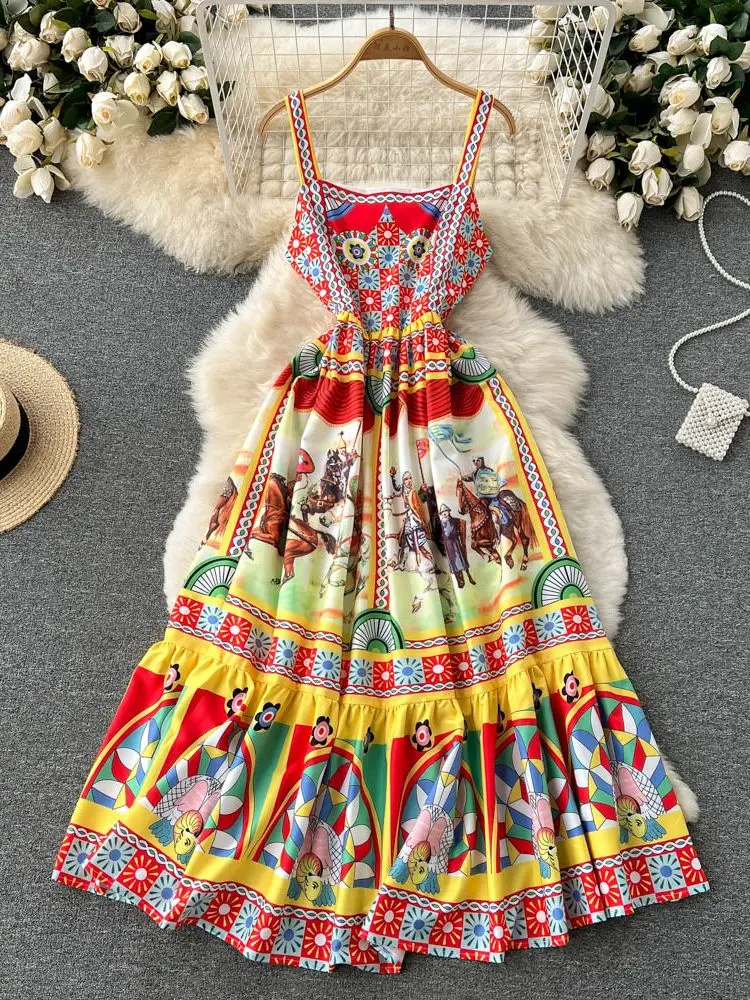 

Summer Holiday Suspender Camisole Dress For Women Slash Neck Sicilian Warrior Pattern Elegant Midi Bohemain Vestidos N6253