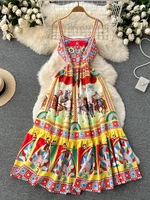 summer holiday suspender camisole dress for women slash neck sicilian warrior pattern elegant midi bohemain vestidos n6253