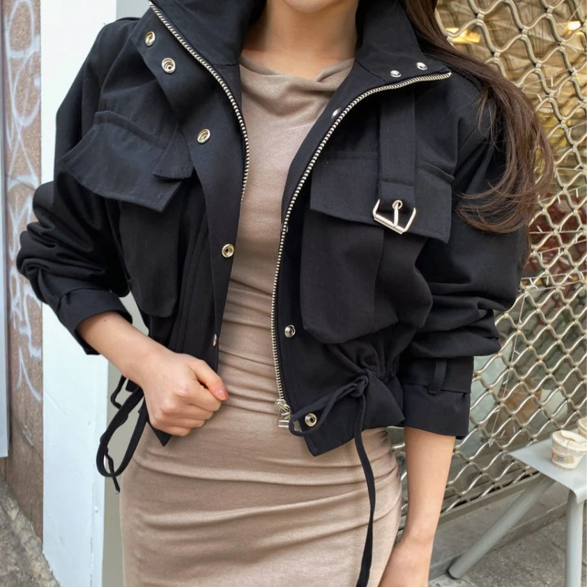 Chic Women Coat Cool Cropped Jackets Women Zipper Fly Drawstring Design Short Coats Autumn 2022 New Fashion Outwears