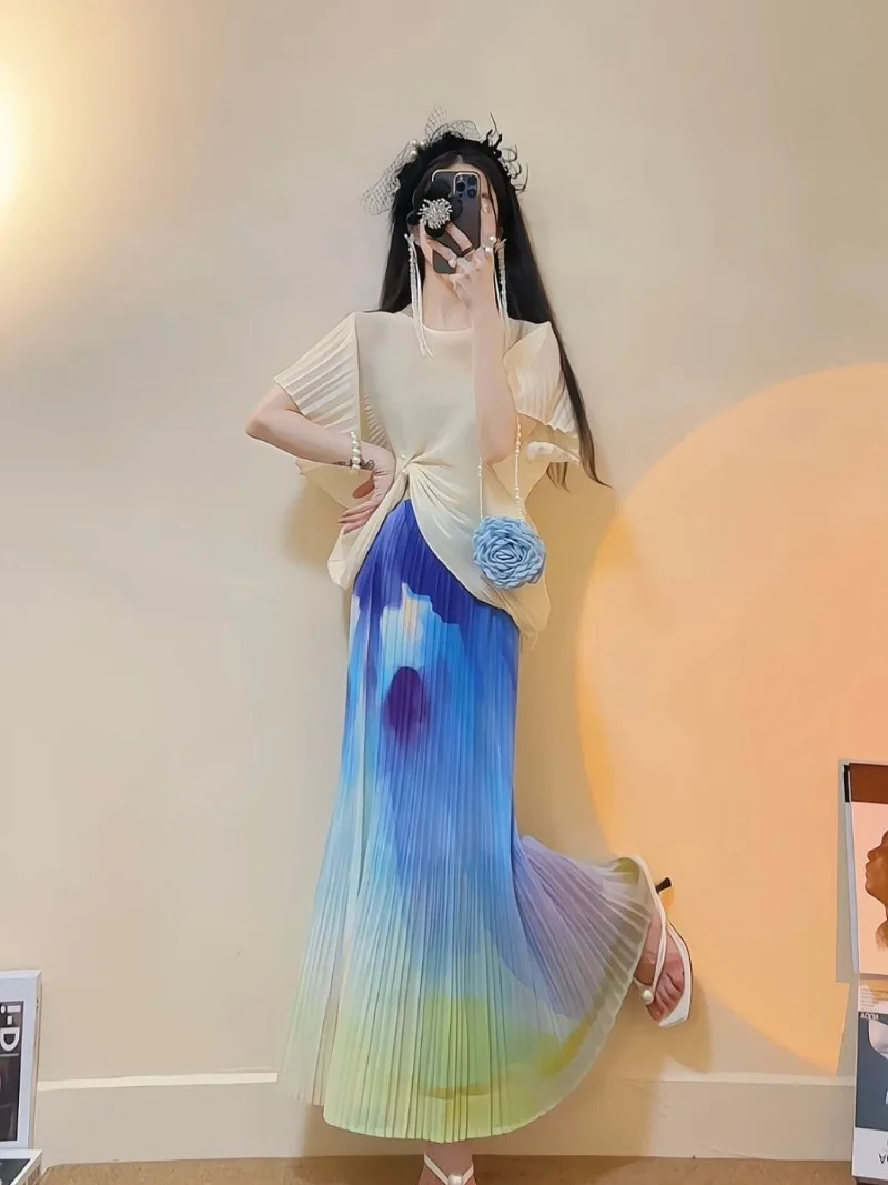 Летний фиолетовый Цветной Новый плиссированный комплект с юбкой средней длины в