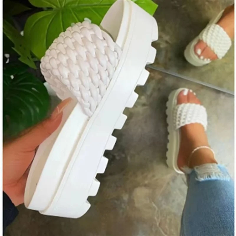 2023  Spring/summer New Women's High-heeled PU Sponge Cake Sole Rubber Super Thick-soled Slippers Woven Pattern Female Sandals