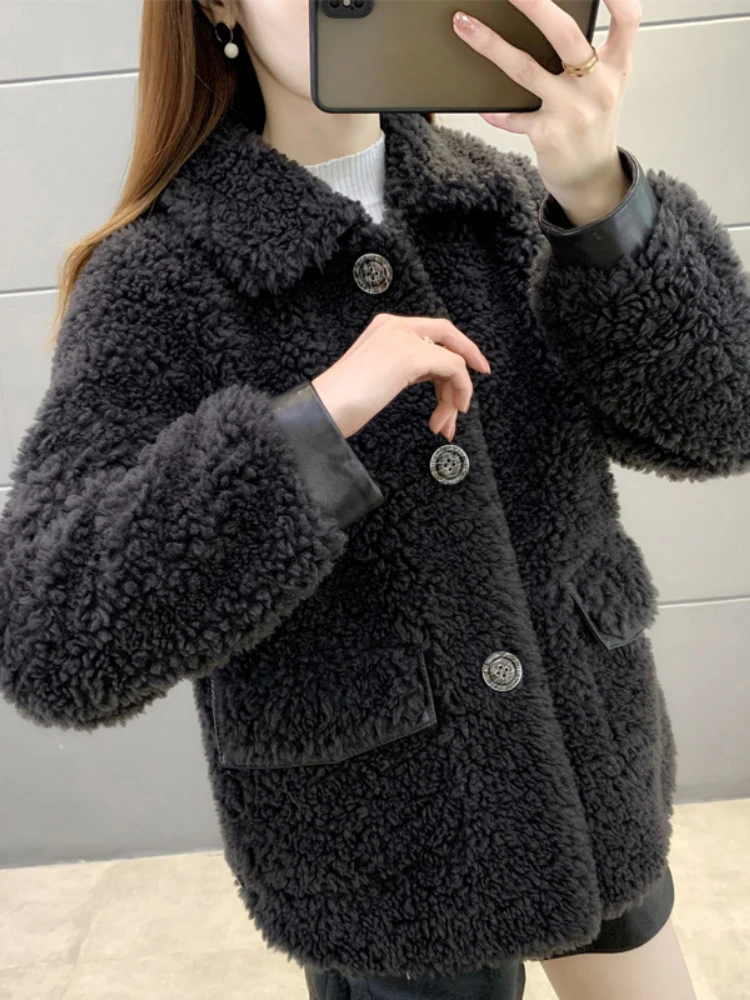 

OFTBUY 2022 пальто с натуральным мехом, Повседневная зимняя куртка для женщин, натуральная Вязаная Шерсть, большой карман на пуговицах, Толстая т...