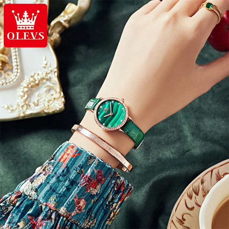 OLEVS 2023 New Luxury Women Watch Top Brand Fashion Waterproof Green Leather Strap Diamond Ladies Quartz Wristwatch Montre Femme